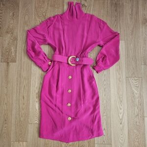 Dana Buchman Spring Hot Pink Belted Silk Dress, Gold Buttons, and Belt Size 6
